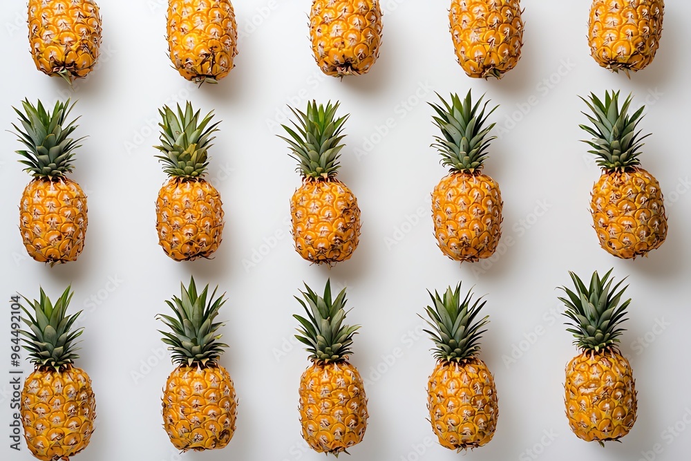 a whole view of multiple pineapples arranged on isolated white background, view from above, editorial photography a whole view of multiple pineapples arranged on isolated white background, view from above, editorial photography