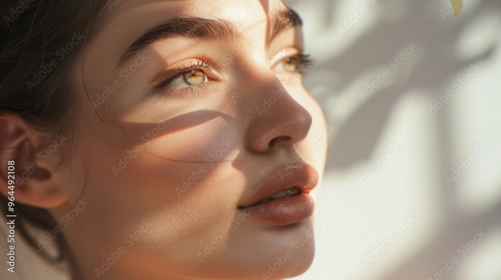 Close-up portrait of a woman bathed in soft sunlight filtered through leaves, showcasing her natural beauty and serene expression. Close-up portrait of a woman bathed in soft sunlight filtered through leaves, showcasing her natural beauty and serene expression.