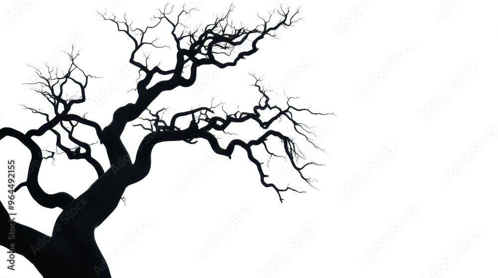Fototapeta premium Spooky Whimsical Tree Silhouette with Reaching Branches on White Background