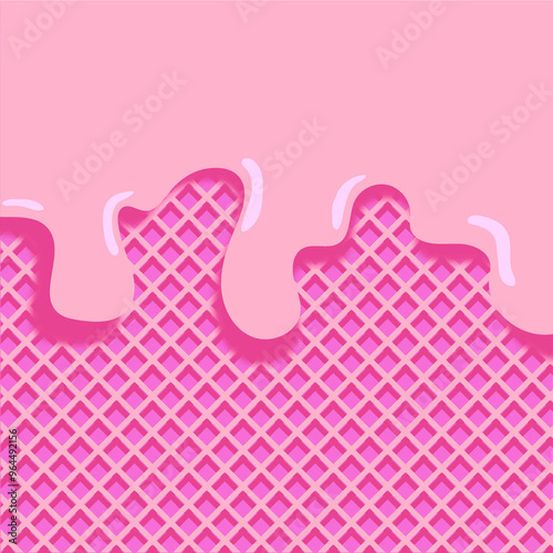 Pink melted ice cream and waffles. Summer minimal concept.
