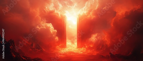 An illustration depicting the entrance to heaven bathed in light and the fiery gates of hell, Reflecting themes of good vs. evil and God's judgment, it’s ideal for Christian religious backgrounds 