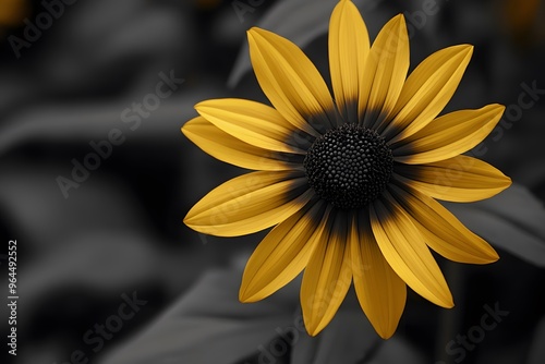 Yellow sunflower blooming in a field, petals contrasting against a black backgroundYellow sunflower blooming in a field, petals contrasting against a black background photo