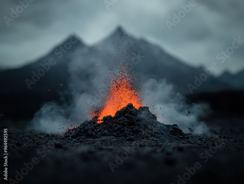 Erupting Volcano with Glowing Lava and Smoke Against Dramatic Mountain Background