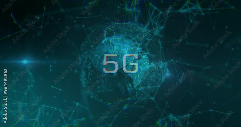 Animation of network of connections and globe over 5g text Animation of network of connections and globe over 5g text