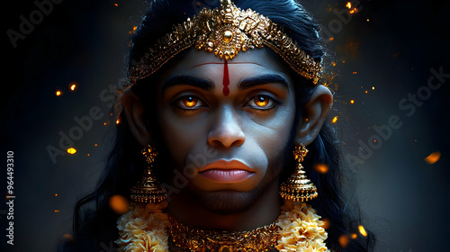 A digital portrayal of a divine figure with intricate jewelry and glowing eyes. photo