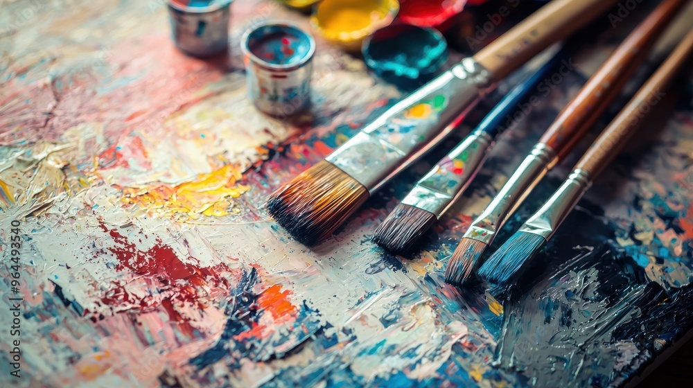 Fototapeta premium An artist's workspace featuring a vibrant array of paint tubes, brushes, and a canvas with a partially completed, colorful painting in progress
