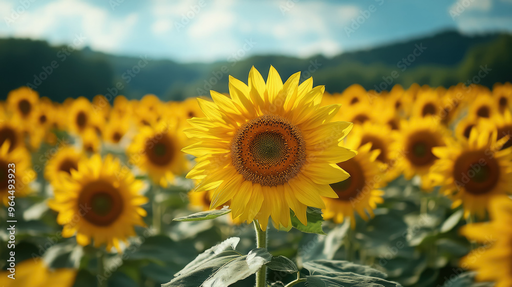 Fototapeta premium field of yellow sunflowers, autumn landscape, seasonal background, harvest, agriculture, flowers, fall, plants, nature, september, october, horizontal illustration, seeds, bloom, petals, growth