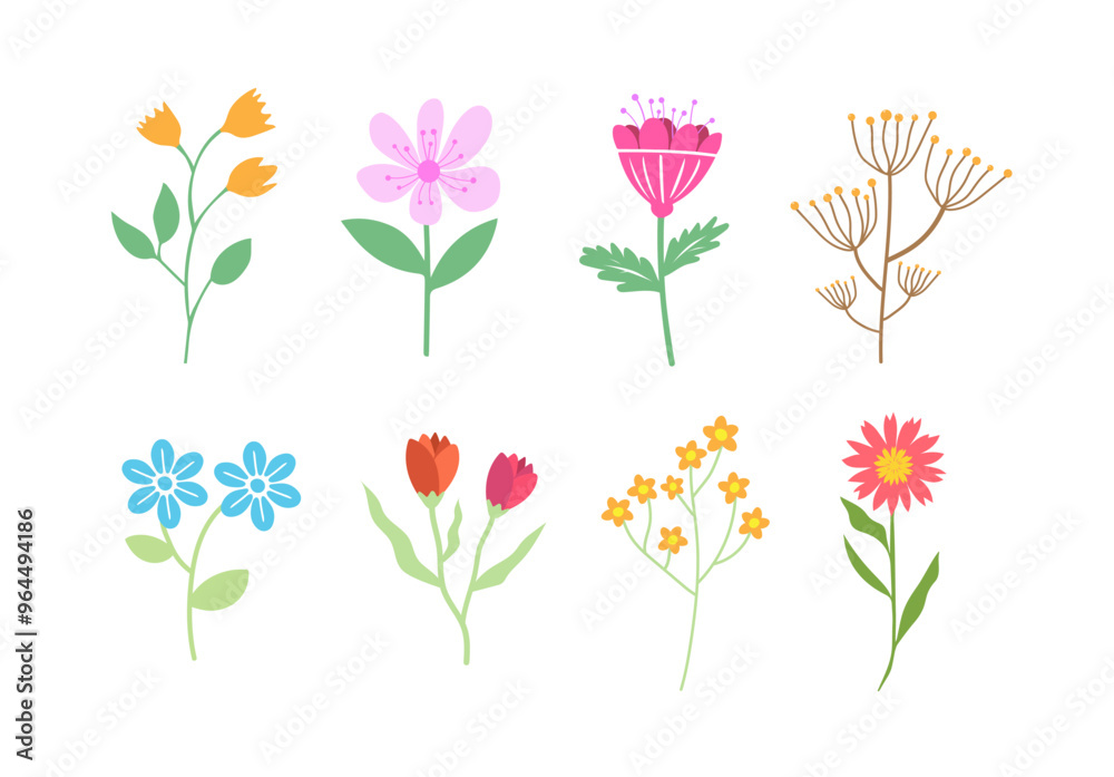 Hand drawn flower. Cute spring flowers and leaves. floral and botanical element. Leaf branch. Design for fabric, wallpaper, textile. vector illustration Hand drawn flower. Cute spring flowers and leaves. floral and botanical element. Leaf branch. Design for fabric, wallpaper, textile. vector illustration