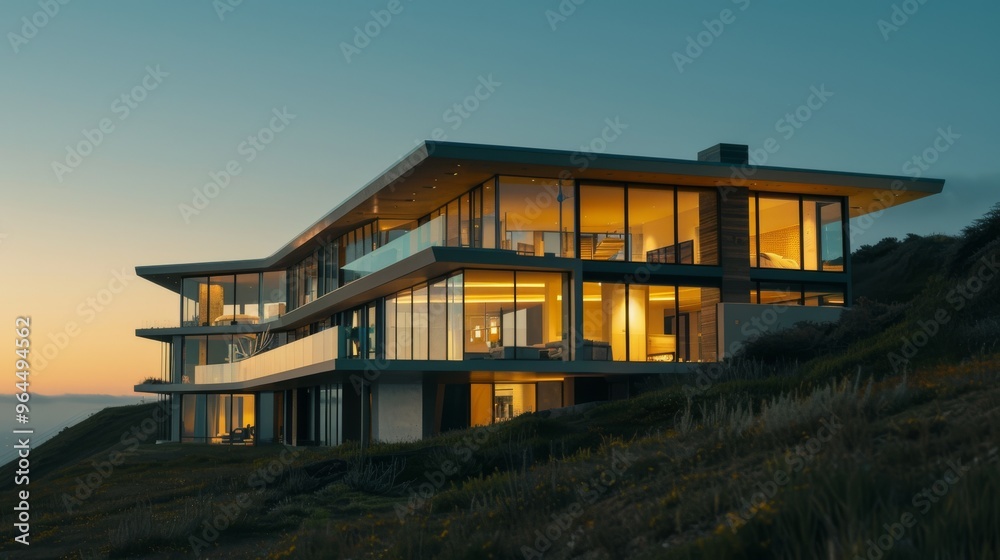 Obraz premium A modern, glass-enclosed house glows warmly against the dusky backdrop of the countryside, evoking luxury and tranquility.