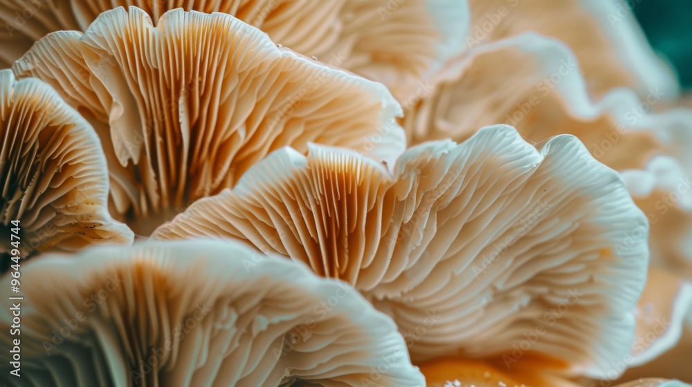 An array of light, undulating mushroom gills up close, showcasing the natural textures and organic beauty of the fungi.