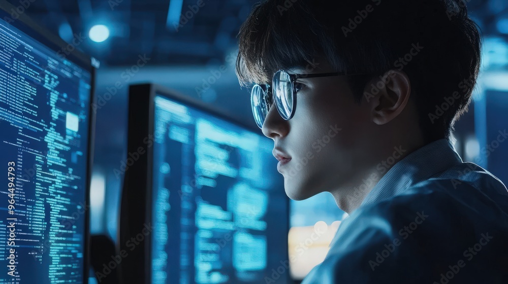 Closeup Adult Asia male, female freelance typing write prompt AI bot IT app smart program nomad, video game, terminal with coding language, user interface, designer, big data center desktop computer Closeup Adult Asia male, female freelance typing write prompt AI bot IT app smart program nomad, video game, terminal with coding language, user interface, designer, big data center desktop computer