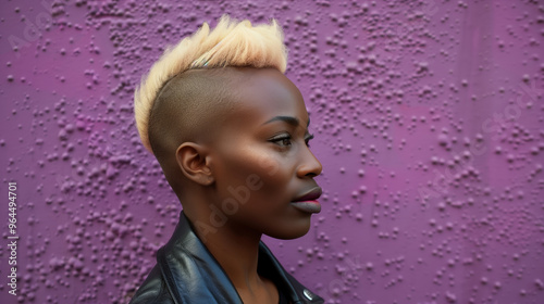 Black African woman with a shaved head and a shaved sideburns
