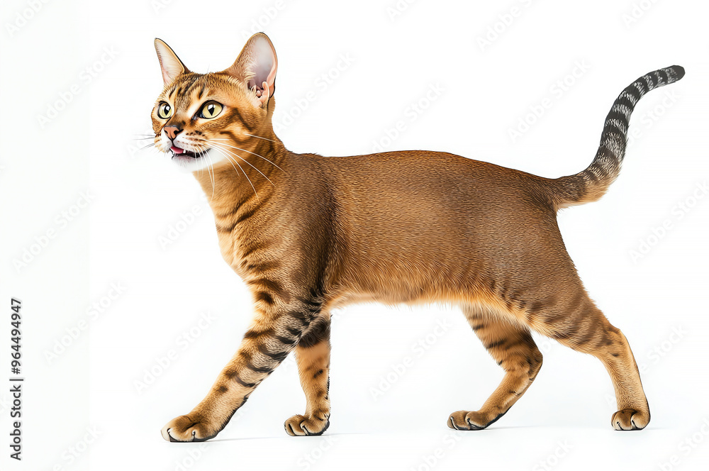 A playful and curious Bengal cat in motion, showcasing its elegant and spotted coat against a clean white background. A playful and curious Bengal cat in motion, showcasing its elegant and spotted coat against a clean white background.