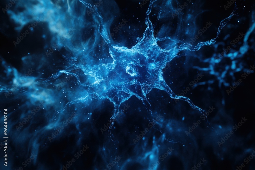 A visually striking abstract image resembling a neuron structure exploding in blue hues against a deep black background A visually striking abstract image resembling a neuron structure exploding in blue hues against a deep black background