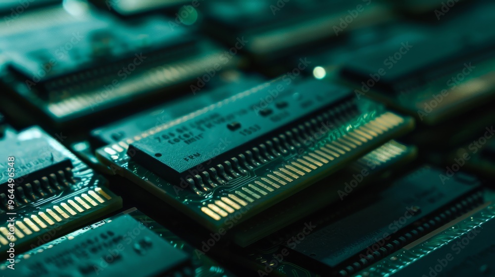 Detailed view of green computer circuit boards highlighting the sophisticated layout, with golden connectors and components. Detailed view of green computer circuit boards highlighting the sophisticated layout, with golden connectors and components.