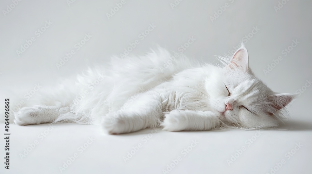 Obraz premium A fluffy, white cat is lying down, looking very relaxed against a plain white backdrop.