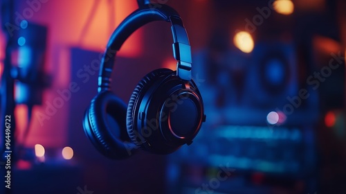 Black headphones hanging in a studio with blue and red lighting.