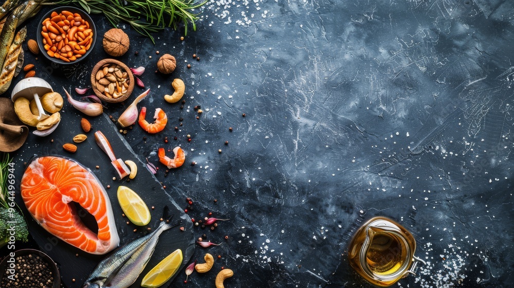 A culinary spread featuring raw salmon, assorted seafood, nuts, and seasonings laid out on a dark, textured surface, depicting a gourmet preparation scene. A culinary spread featuring raw salmon, assorted seafood, nuts, and seasonings laid out on a dark, textured surface, depicting a gourmet preparation scene.