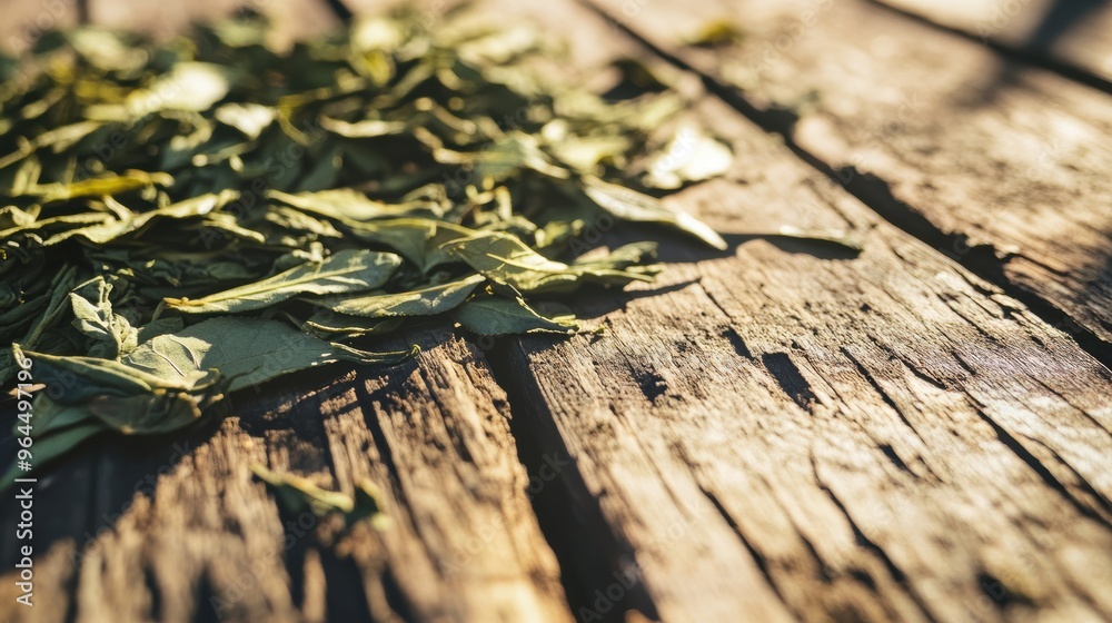 Organic Dried Green Tea Leaves on Wooden Surface Organic Dried Green Tea Leaves on Wooden Surface