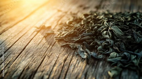 Organic Dried Green Tea Leaves on Wooden Surface