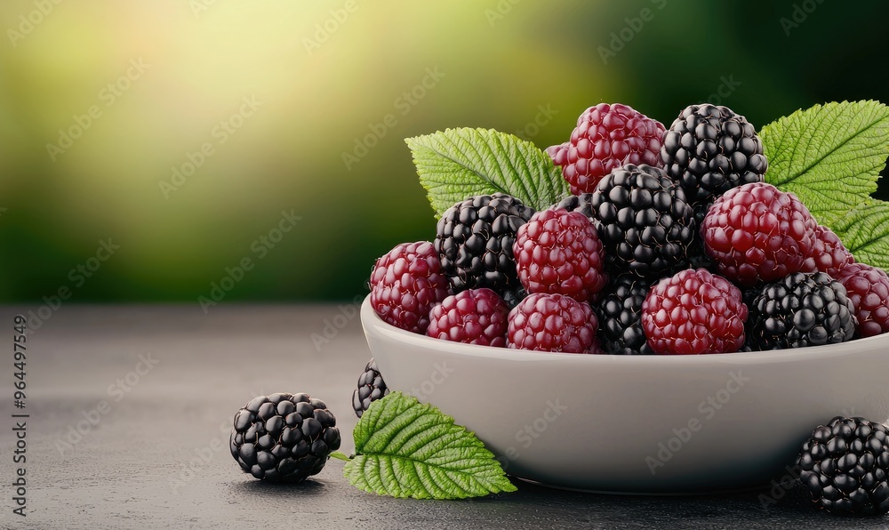 A bowl of fresh blackberries and raspberries with green leaves on a blurred natural background, highlighting the vibrant colors and textures.
