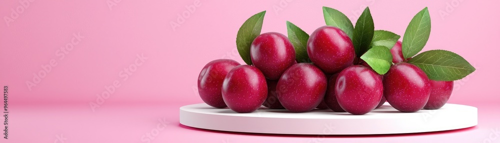 A bunch of fresh, vibrant red plums with green leaves placed on a white round plate against a pastel pink background. Perfect for advertising or print. A bunch of fresh, vibrant red plums with green leaves placed on a white round plate against a pastel pink background. Perfect for advertising or print.