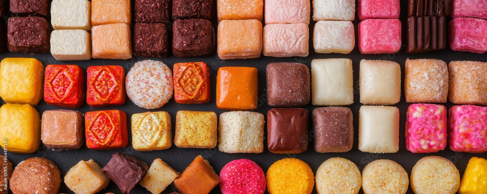 Colorful Indian sweets arranged in vibrant patterns, symbolizing the rich traditions of Diwali celebration Colorful Indian sweets arranged in vibrant patterns, symbolizing the rich traditions of Diwali celebration