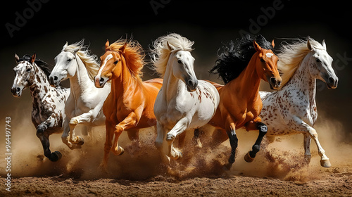 A dynamic scene of six horses galloping together in a dramatic setting. photo