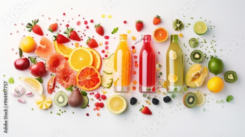 Fototapeta Naklejka Na Ścianę i Meble -  An array of colorful fruits and juice bottles arranged artistically, evoking a sense of freshness, health, and vibrant living.