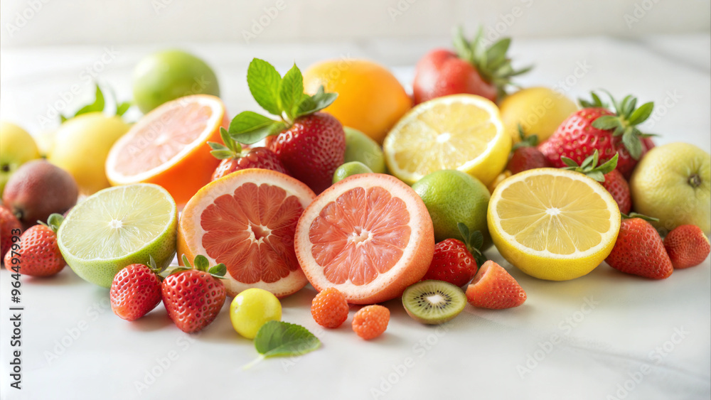 Variety of fresh fruits including citrus, berries, and grapes on a white background Variety of fresh fruits including citrus, berries, and grapes on a white background