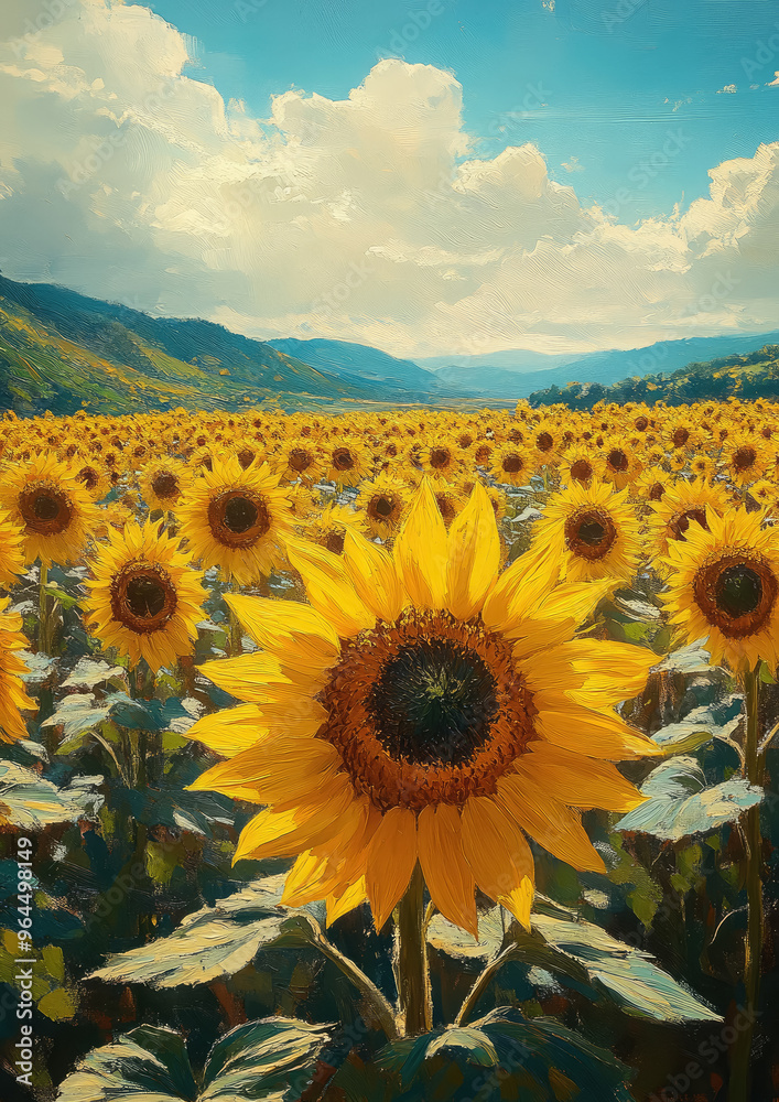 Obraz premium field of yellow sunflowers, autumn landscape, seasonal background, harvest, agriculture, flowers, fall, plants, nature, september, october, horizontal illustration, seeds, bloom, petals, growth