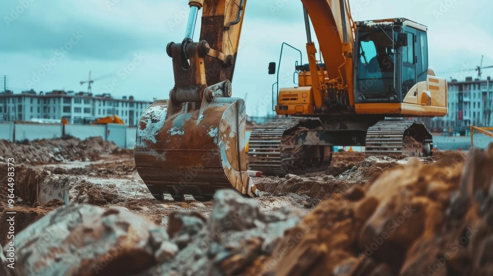 An active construction site with a large excavator digging through the earth, highlighting the machinery and progress in a developing urban area. An active construction site with a large excavator digging through the earth, highlighting the machinery and progress in a developing urban area.