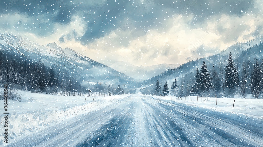 Snowcovered valley, storm clouds rolling in, icy roads, Watercolor style Snowcovered valley, storm clouds rolling in, icy roads, Watercolor style
