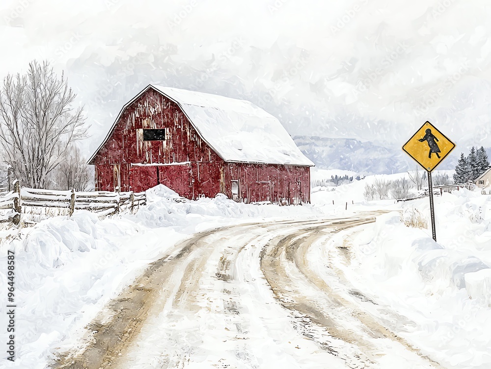Snowedin barn, windblown snow, caution signs for icy roads, Watercolor style Snowedin barn, windblown snow, caution signs for icy roads, Watercolor style