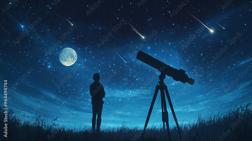 A solitary figure stands, gazing into the depths of the cosmos through an astronomer's telescope. The night sky illuminates with celestial wonders, from twinkling stars A solitary figure stands, gazing into the depths of the cosmos through an astronomer's telescope. The night sky illuminates with celestial wonders, from twinkling stars