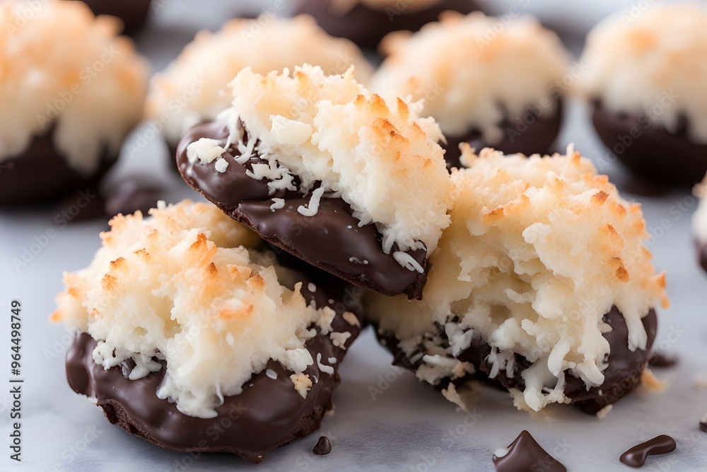 A soft and chewy coconut macaroon dipped in chocolate, Ai Generated A soft and chewy coconut macaroon dipped in chocolate, Ai Generated