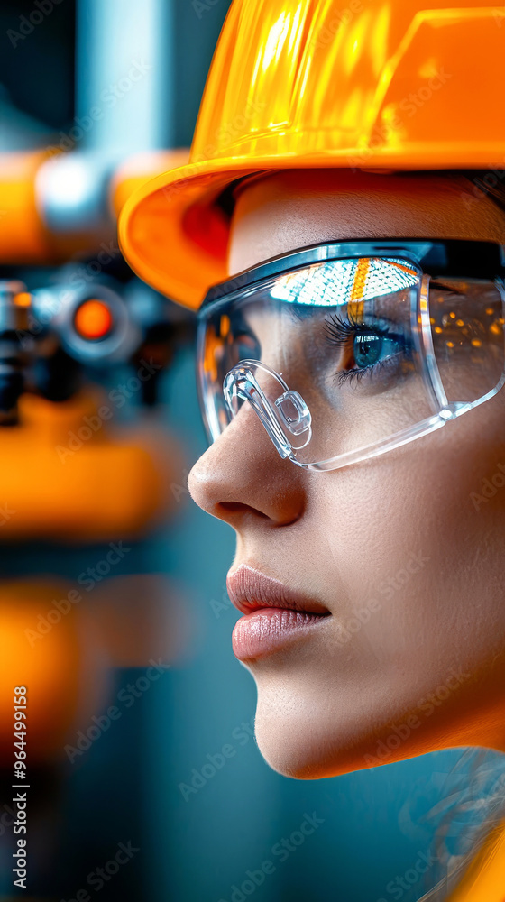 Macro shot of the reflection in a worker s safety glasses, showing blurred industrial machinery Macro shot of the reflection in a worker s safety glasses, showing blurred industrial machinery