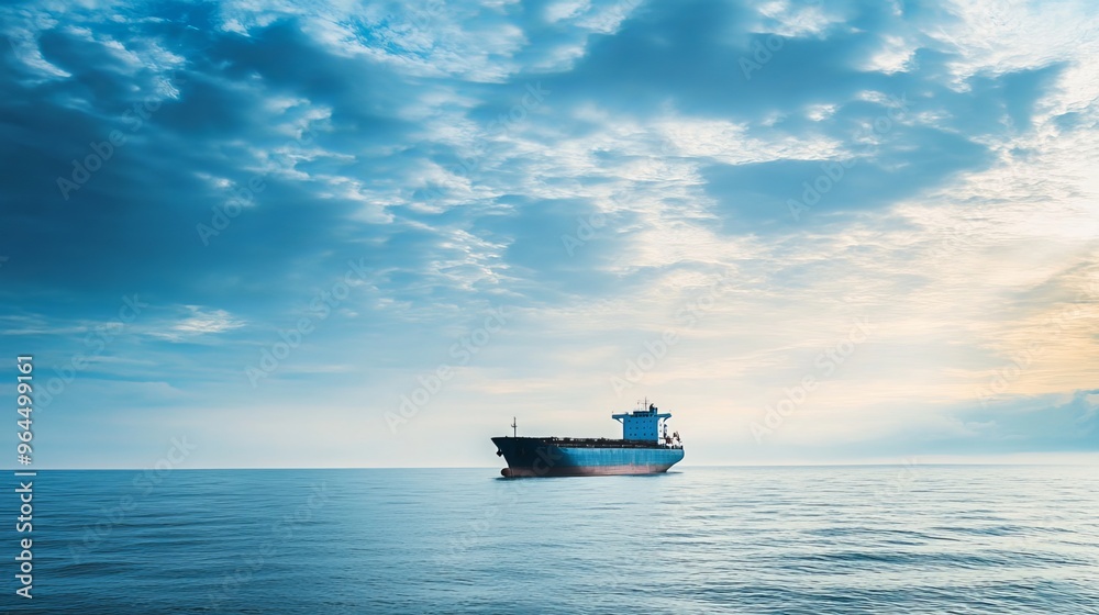 A vast blue merchant cargo ship sails through the serene ocean, its colossal silhouette dominating the horizon. The vessel serves as a vital link in global trade, facilitating the export A vast blue merchant cargo ship sails through the serene ocean, its colossal silhouette dominating the horizon. The vessel serves as a vital link in global trade, facilitating the export