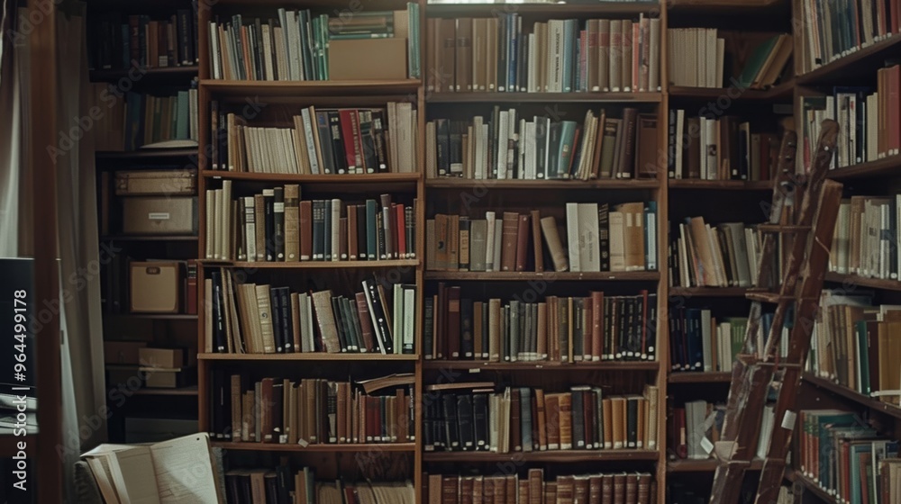 A cozy library filled with wooden shelves lined with a diverse collection of books, offering a peaceful and studious atmosphere in warm, soft lighting. A cozy library filled with wooden shelves lined with a diverse collection of books, offering a peaceful and studious atmosphere in warm, soft lighting.