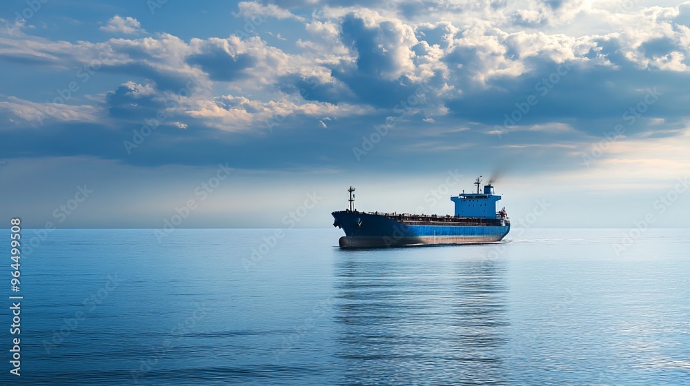 A vast blue merchant cargo ship sails through the serene ocean, its colossal silhouette dominating the horizon. The vessel serves as a vital link in global trade, facilitating the export A vast blue merchant cargo ship sails through the serene ocean, its colossal silhouette dominating the horizon. The vessel serves as a vital link in global trade, facilitating the export