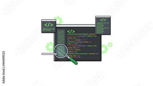 4k Code Window with Magnifying Glass. Coding Analysis Concept Animation Video photo