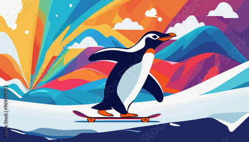 Cute penguin cartoon vector illustration on icy Antarctica beach, enjoying winter sun