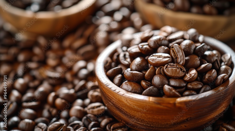 Fototapeta premium Wooden bowl overflowing with coffee beans