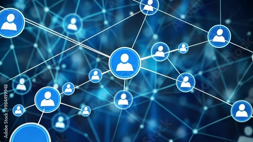 Abstract blue background with icons of people in circles and lines, representing a network connection or social media technology concept