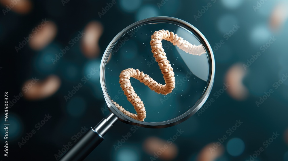 Close-up of a magnifying glass focusing on a twisted object against a blurred blue background, depicting magnification and examination. Close-up of a magnifying glass focusing on a twisted object against a blurred blue background, depicting magnification and examination.