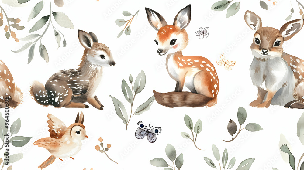 Naklejka premium Watercolor Woodland animals seamless pattern. Fabric wallpaper forest with baby deer. Owl, fox and butterfly, Bunny rabbit set of forest, bear and bird baby animal Nursery
