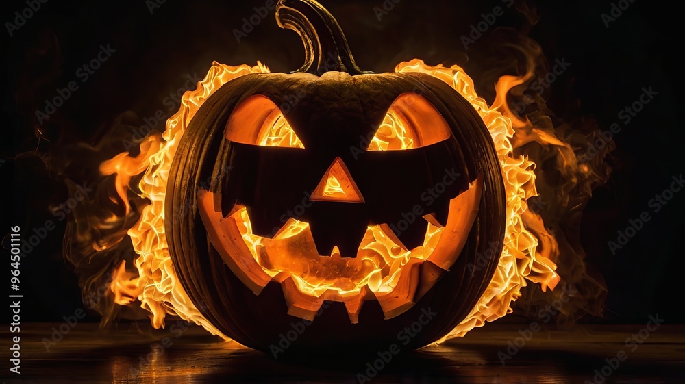 Fototapeta premium Close-up jack-o-lantern with a carved, glowing face dark background with a smoke and fire flames. Halloween greeting card