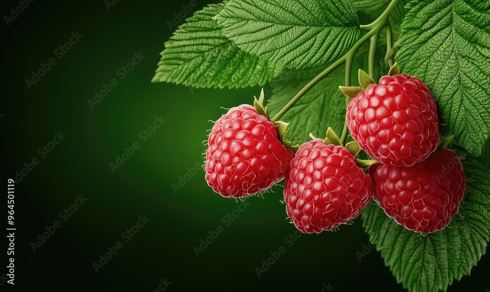 Close-up of fresh red raspberries on a leafy branch, set against a rich green background, capturing the vibrancy and juiciness of the fruit. Close-up of fresh red raspberries on a leafy branch, set against a rich green background, capturing the vibrancy and juiciness of the fruit.