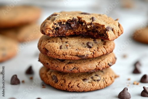 A stack of gluten free almond flour chocolate chip cookies, with one broken open to show the inside