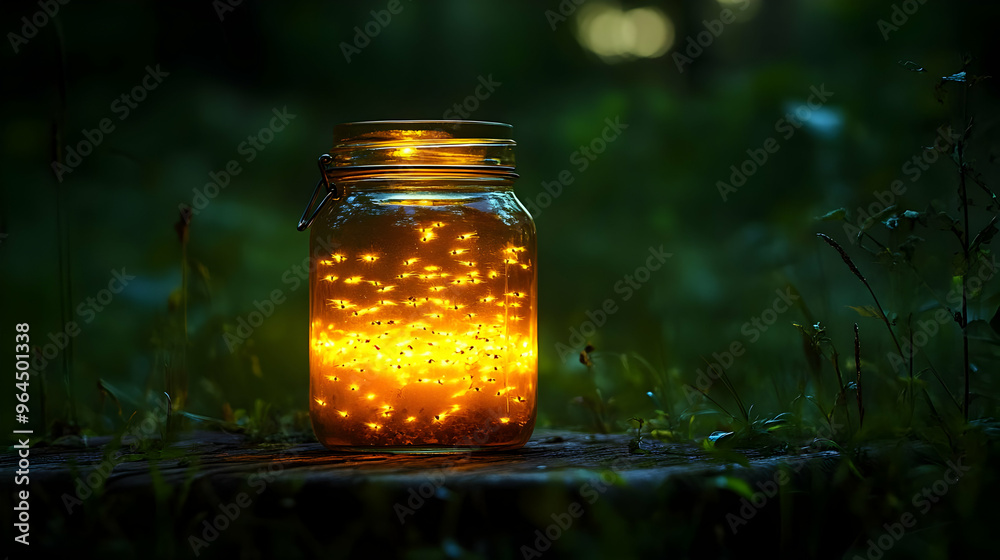 A glowing jar filled with lights set in a natural environment at dusk. A glowing jar filled with lights set in a natural environment at dusk.